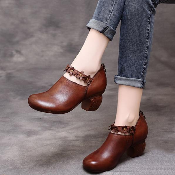 Women Vintage Round Toe Chunky Heels Shoes With Belt 2019 March New 35 Brown 