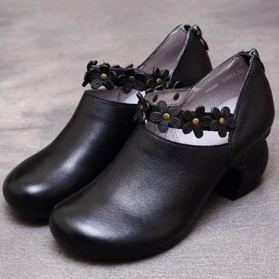 Women Vintage Round Toe Chunky Heels Shoes With Belt