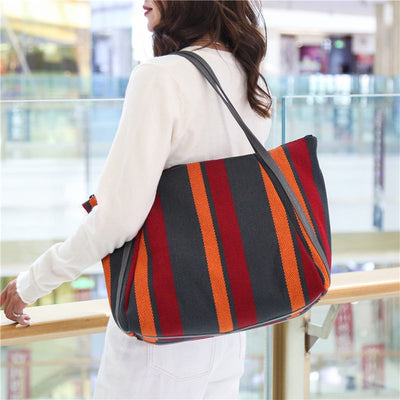 Women Vintage Striped Canvas Shoulder Bag Dec 2021 New Arrival One Size Gray 