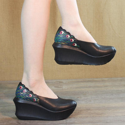 Women Wedge Peacock Tail Print Sewing Casual Shoes 2019 May New 35 Black 