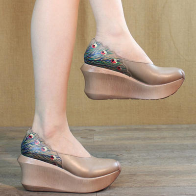 Women Wedge Peacock Tail Print Sewing Casual Shoes