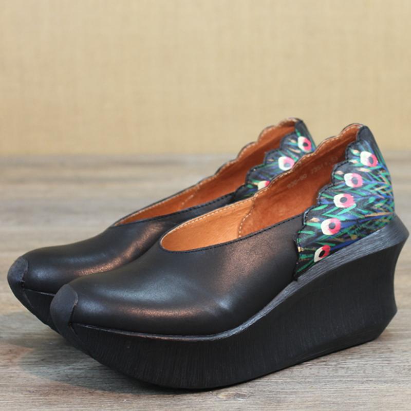 Women Wedge Peacock Tail Print Sewing Casual Shoes 2019 May New 
