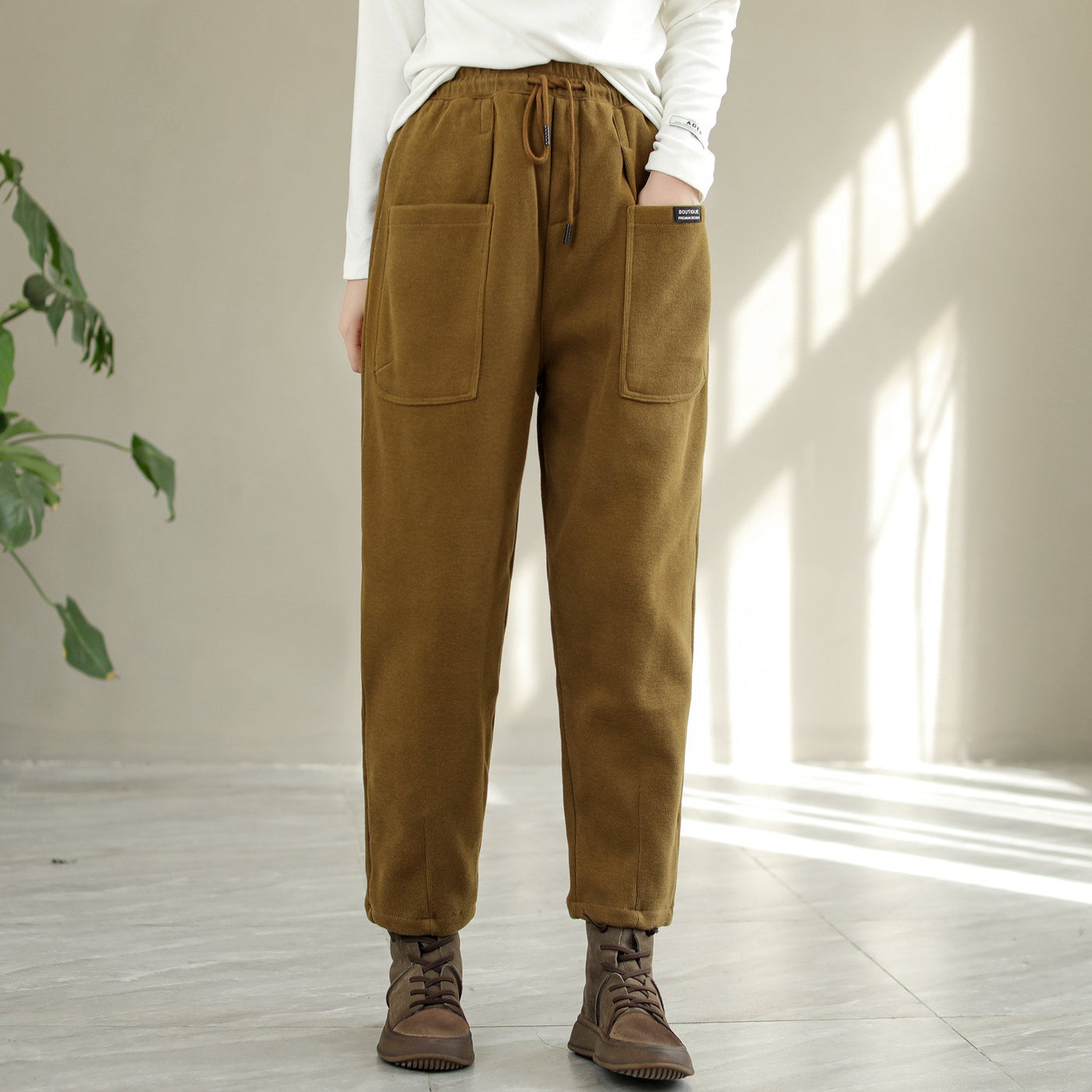Women Winter Cotton Furred Solid Pants