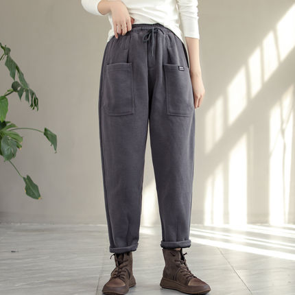 Women Winter Cotton Furred Solid Pants