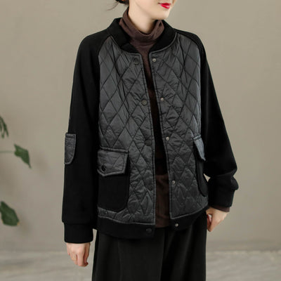 Women Winter Cotton Padded Rhombus Patchwork Jacket