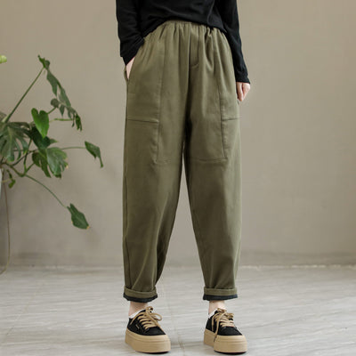 Women Winter Cotton Solid Furred Loose Pants Oct 2022 New Arrival M Green 