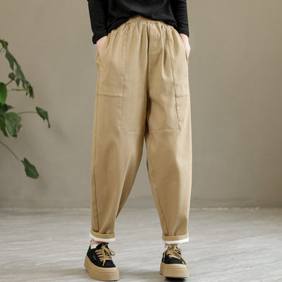 Women Winter Cotton Solid Furred Loose Pants Oct 2022 New Arrival M Khaki 