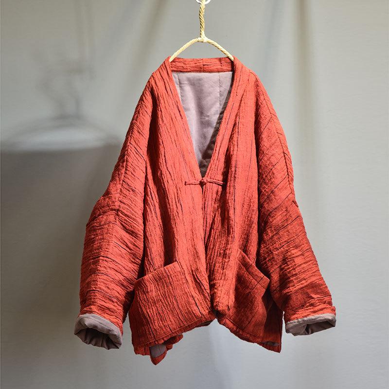 Women Winter Fold Loose Linen Warm Quilted Coat Oct 2021 New-Arrival Red 