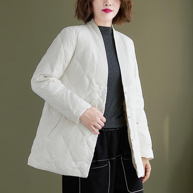 Women Winter Loose V-neck Single Breasted Cotton Coat Dec 2021 New Arrival L White 