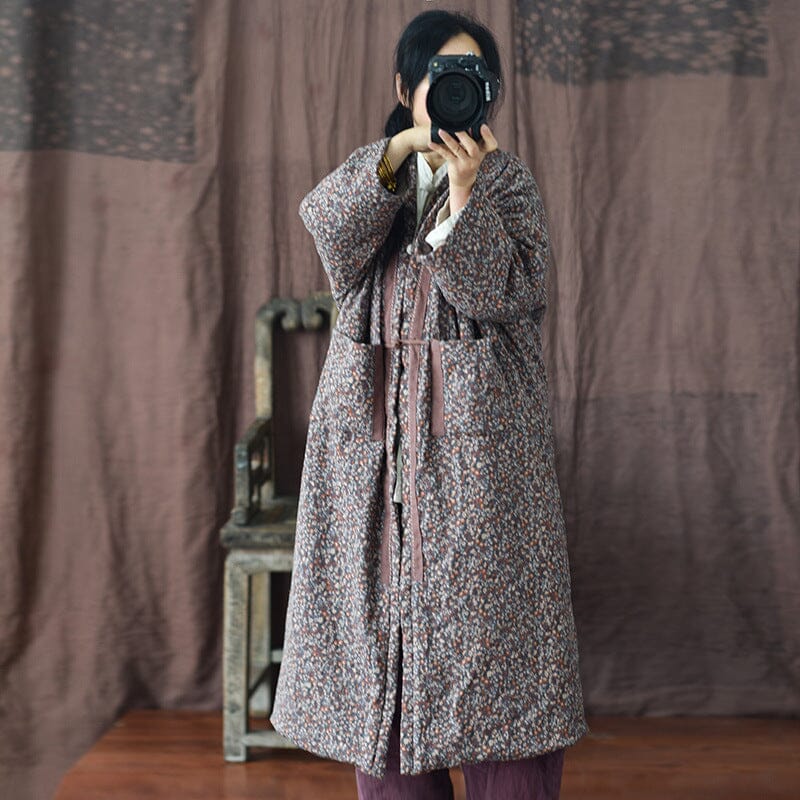 Women Winter Retro Floral Cotton Linen Quilted Overcoat