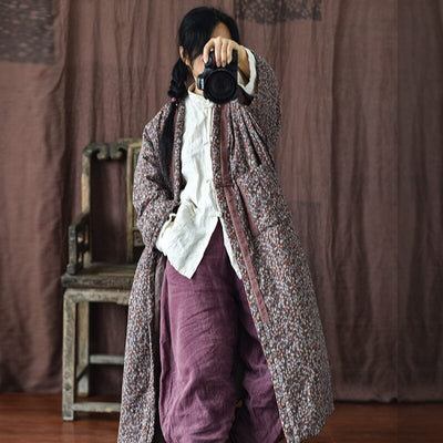 Women Winter Retro Floral Cotton Linen Quilted Overcoat