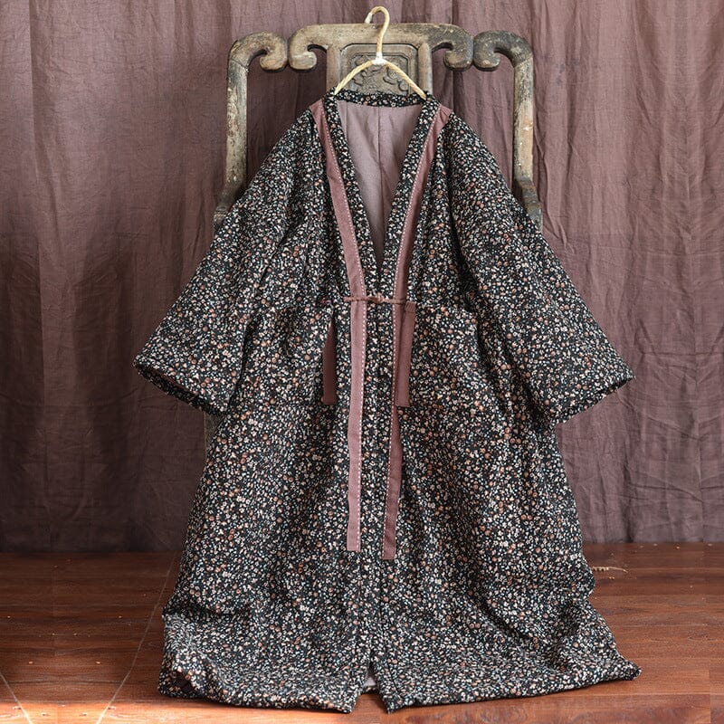 Women Winter Retro Floral Cotton Linen Quilted Overcoat