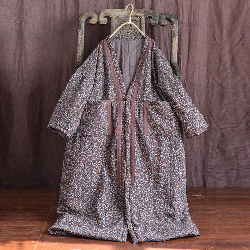 Women Winter Retro Floral Cotton Linen Quilted Overcoat