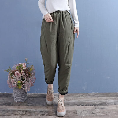 Women Winter Retro Quilted Cotton Linen Pants Nov 2022 New Arrival One Size Green 