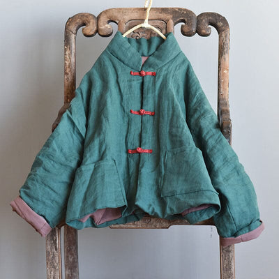 Women Winter Retro Quilted Linen Loose Coat Sep 2023 New Arrival Green One Size 