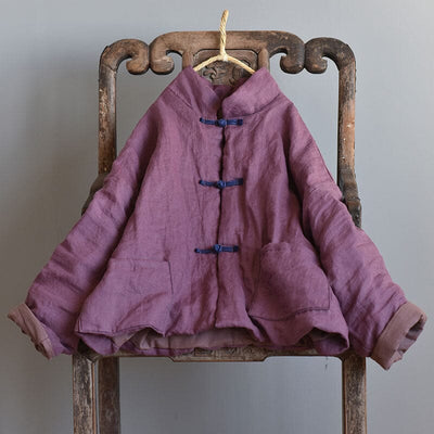 Women Winter Retro Quilted Linen Loose Coat Sep 2023 New Arrival Purple One Size 
