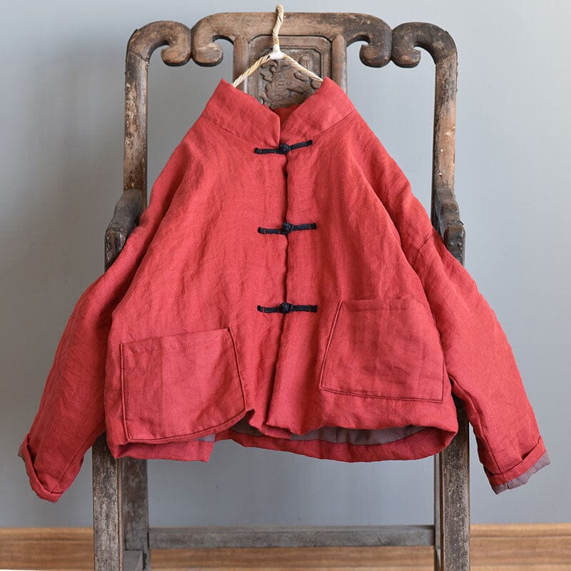 Women Winter Retro Quilted Linen Loose Coat Sep 2023 New Arrival Red One Size 