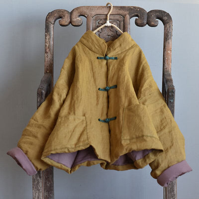 Women Winter Retro Quilted Linen Loose Coat Sep 2023 New Arrival Yellow One Size 
