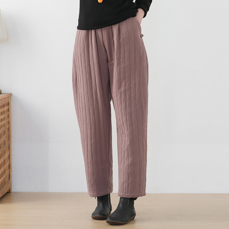 Women Winter Solid Stripe Cotton Padded Loose Pants Sep 2022 New Arrival 