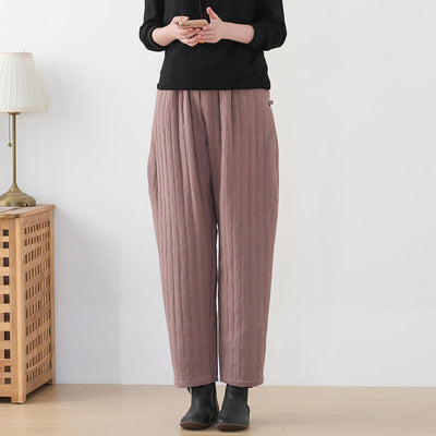 Women Winter Solid Stripe Cotton Padded Loose Pants