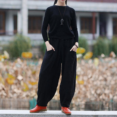Women Winter Thicken Casual Loose Wide Leg Pants Dec 2021 New Arrival One Size Black 