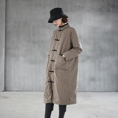 Women's Cotton Coat Retro Button Long OCT long black grid (yellow bottom black grid) 