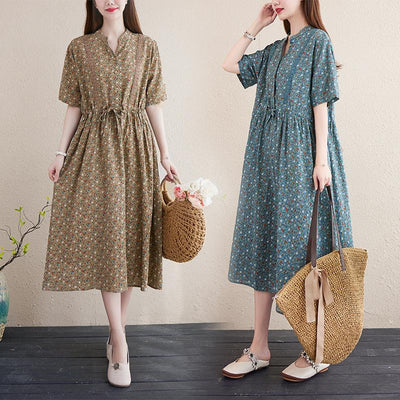 Women's Cotton Linen Floral Dress May 2021 New-Arrival 