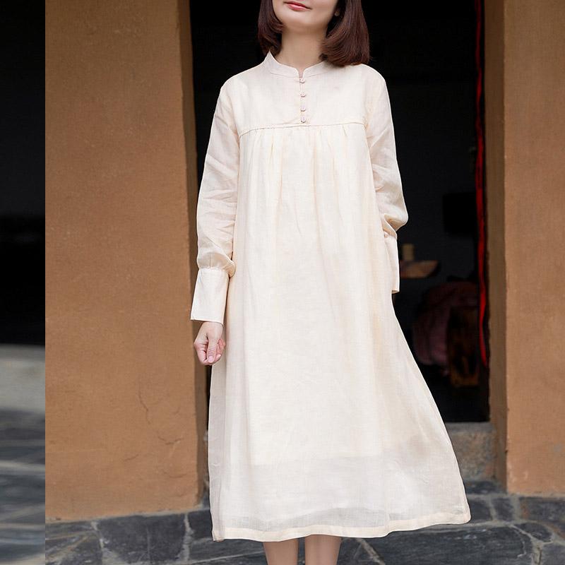 Womens Double-layer Long-sleeve Ramie Dress March 2021 New-Arrival M Apricot 
