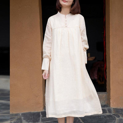 Womens Double-layer Long-sleeve Ramie Dress March 2021 New-Arrival M Apricot 