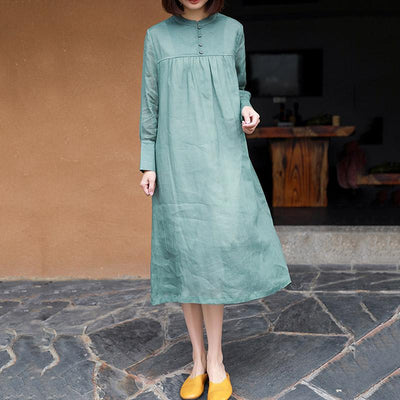 Womens Double-layer Long-sleeve Ramie Dress March 2021 New-Arrival M Green 