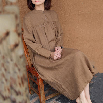 Womens Double-layer Long-sleeve Ramie Dress March 2021 New-Arrival M Khaki 