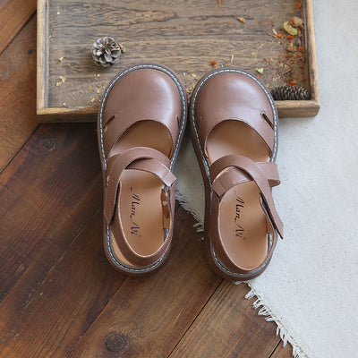 Women's Literary Retro Leather Hollowed-Out Sandals Jun 2022 New Arrival 35 Brown 