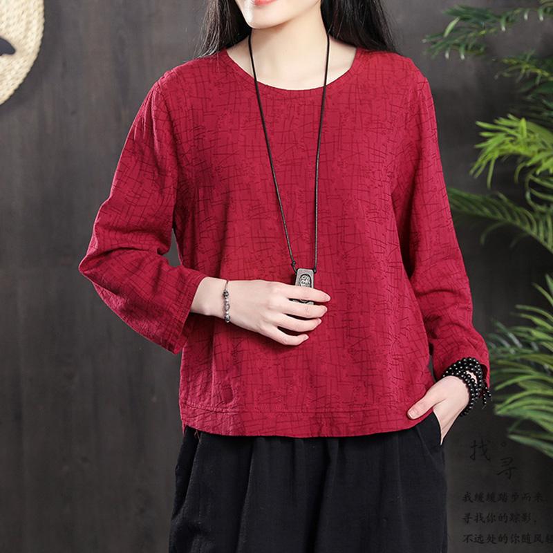 Women's Loose Cotton Linen Blouse April 2021 New-Arrival One Size Red 