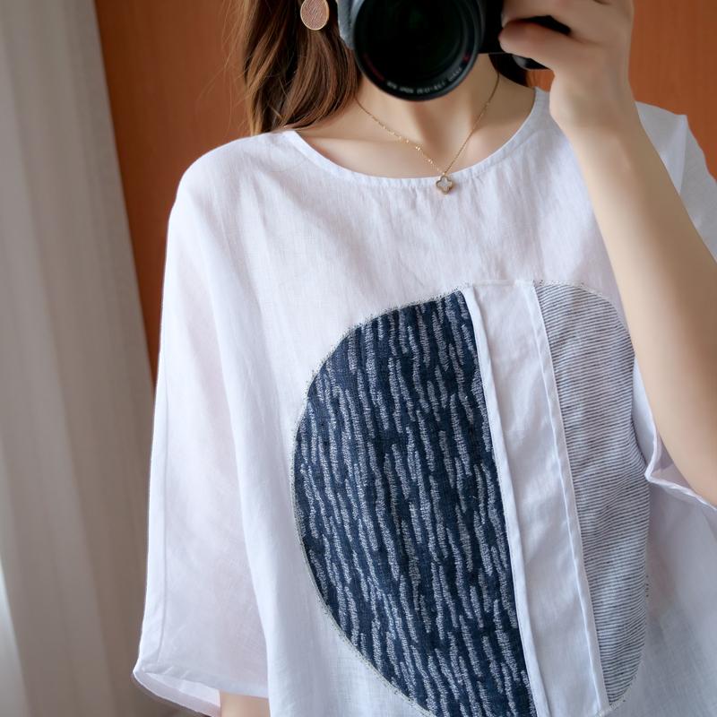 Women's Loose Patchwork Cotton Linen T-Shirt Aug 2021 New-Arrival 