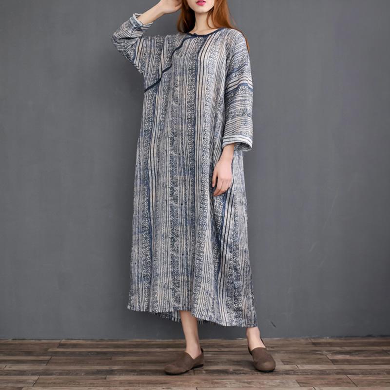 Women's Nordic Totem Printed Linen Robe Dress April 2021 New-Arrival One Size Navy 