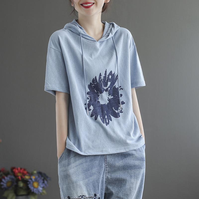 Women's Short-sleeved Loose Cotton Hoodies April 2021 New-Arrival One Size Blue 