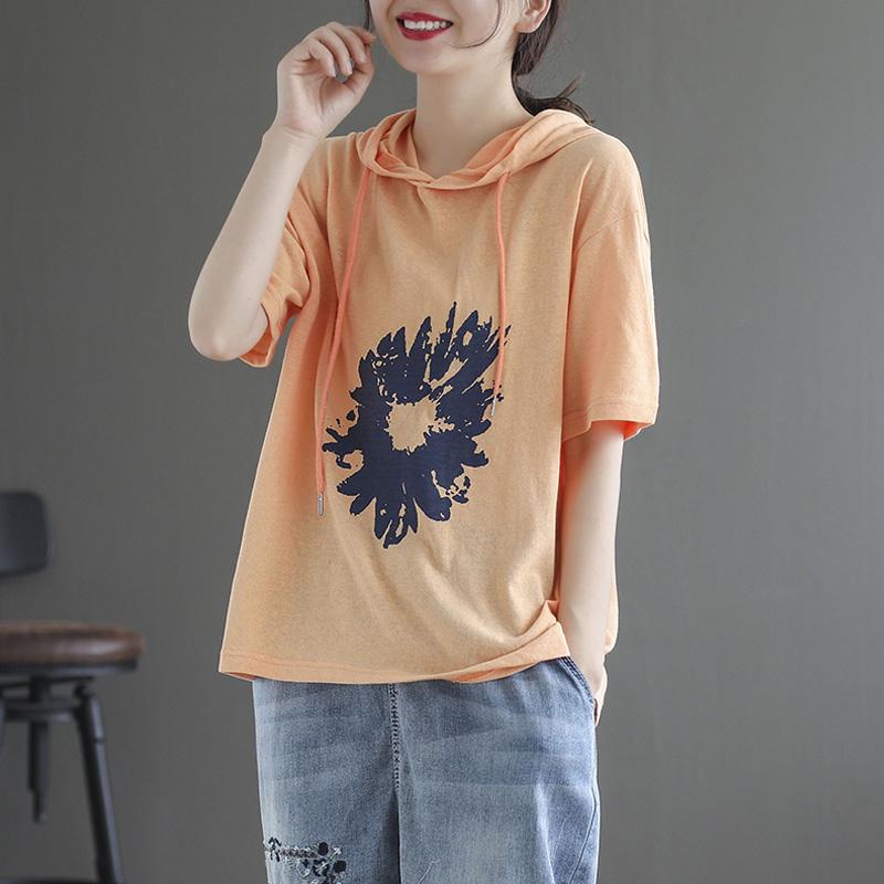 Women's Short-sleeved Loose Cotton Hoodies April 2021 New-Arrival One Size Orange 