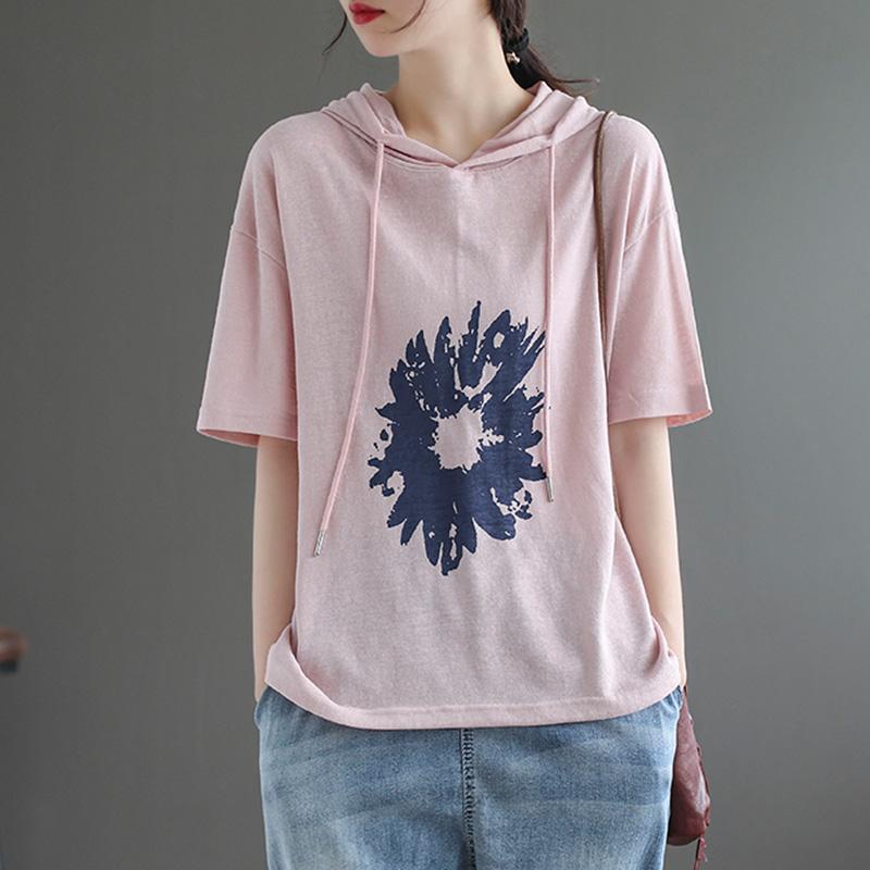 Women's Short-sleeved Loose Cotton Hoodies April 2021 New-Arrival One Size Pink 