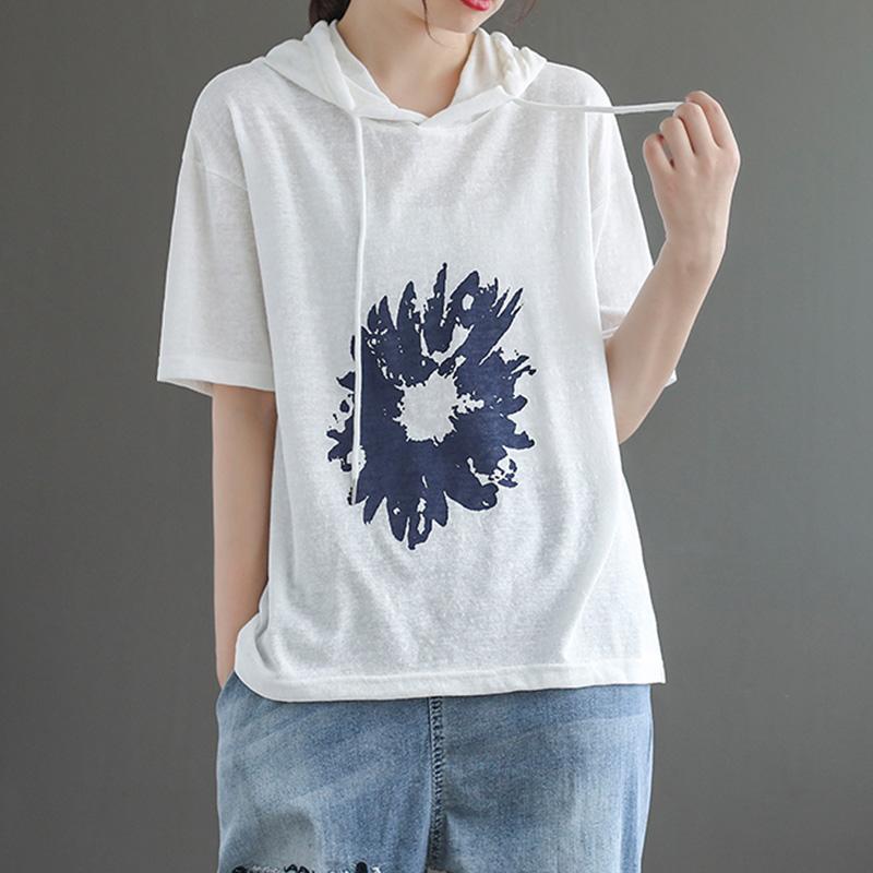 Women's Short-sleeved Loose Cotton Hoodies April 2021 New-Arrival One Size White 