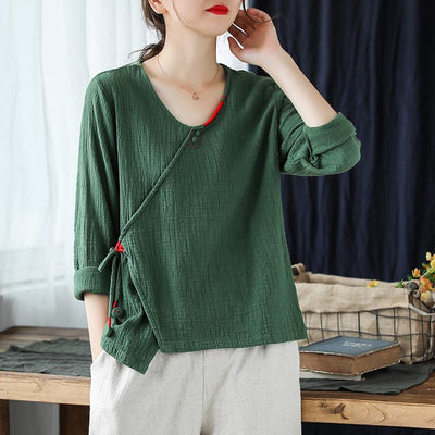 Women's V-neck Pullover Cotton Shirt April 2021 New-Arrival One Size Green 