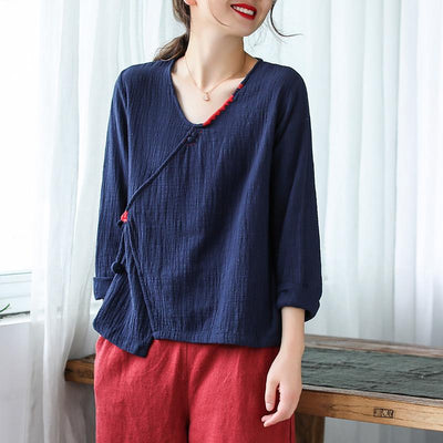 Women's V-neck Pullover Cotton Shirt April 2021 New-Arrival One Size Navy 
