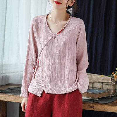 Women's V-neck Pullover Cotton Shirt April 2021 New-Arrival One Size Pink 