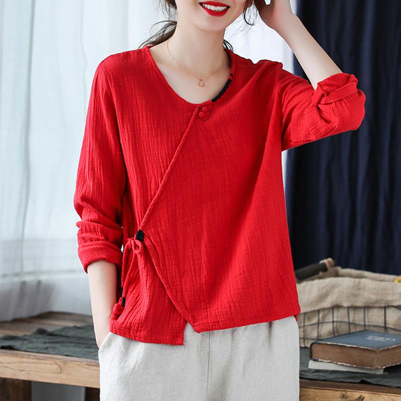 Women's V-neck Pullover Cotton Shirt April 2021 New-Arrival One Size Red 