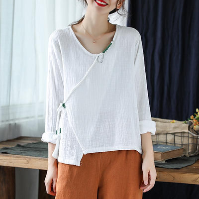 Women's V-neck Pullover Cotton Shirt April 2021 New-Arrival One Size White 