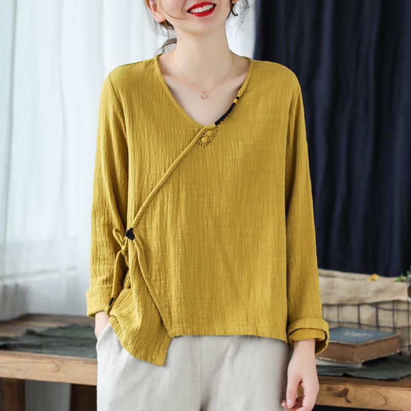 Women's V-neck Pullover Cotton Shirt April 2021 New-Arrival One Size Yellow 