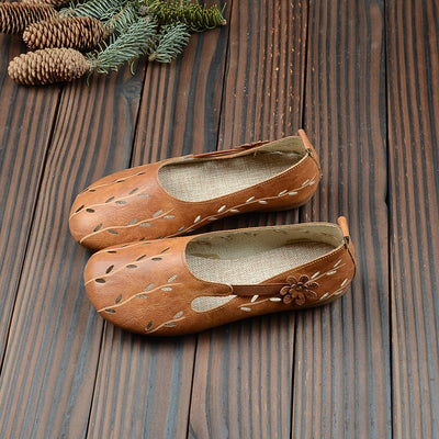 Women's Vintage Floral Hollow Leather Soft Casual Shoes Jun 2022 New Arrival 35 Camel 