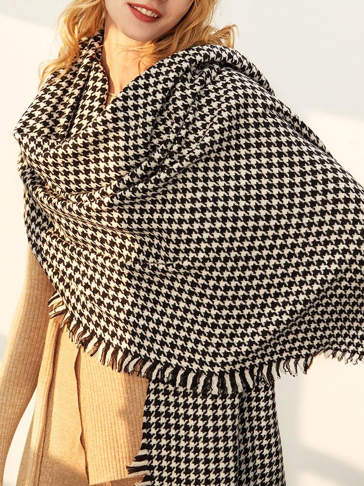 Wool Plaid Scarf Ladies Winter Scarf black and white houndstooth on 