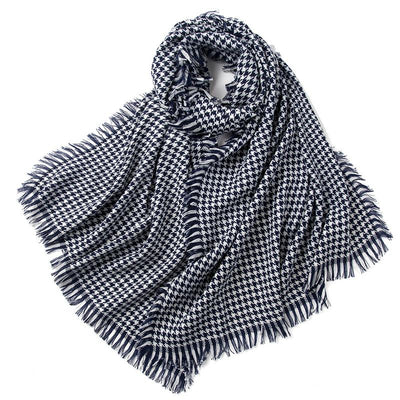 Wool Plaid Scarf Ladies Winter Scarf blue and white houndstooth 